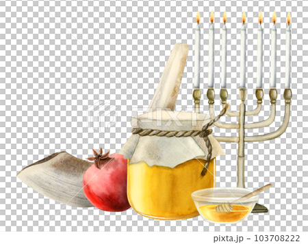 Rosh Hashanah symbols horizontal greeting banner with honey jar, menorah, shofar horn and pomegranate watercolor illustration isolated on white background 103708222