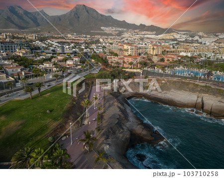 aerial view of Costa Adeje hotels and resorts, beach and ocean, pool of villa 103710258
