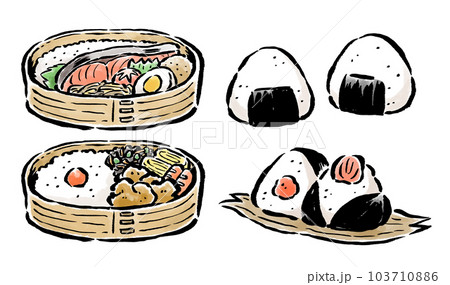 鮭弁当・唐揚げ弁当・おにぎり　筆タッチイラストセット 103710886