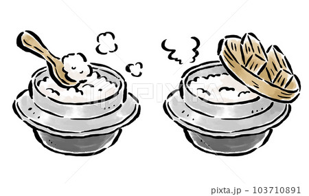 釜炊きご飯　ごはん釜　筆タッチイラスト 103710891