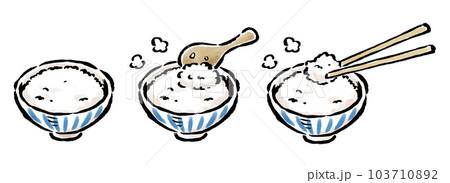 ごはんの入った茶碗　しゃもじで盛る　お箸でいただく　筆タッチイラスト 103710892