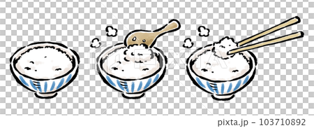 ごはんの入った茶碗　しゃもじで盛る　お箸でいただく　筆タッチイラスト 103710892