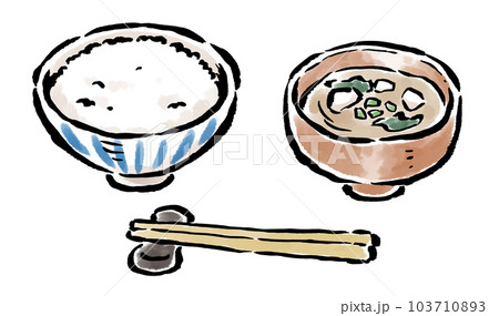 ご飯・味噌汁・箸　筆タッチイラスト 103710893