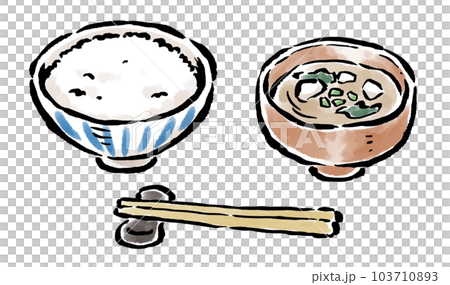 ご飯・味噌汁・箸　筆タッチイラスト 103710893
