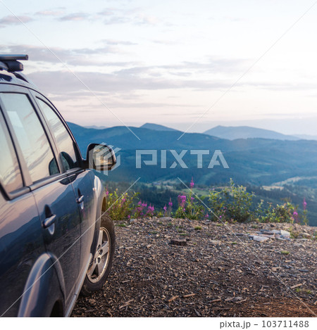 car for traveling with a mountain road 103711488