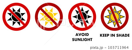 Avoid sunlight  / Keep in shade sign. Sun icon with red crossed circle. Avoid sunlight  / Keep in shade sign. Sun icon with red crossed circle. 103711964