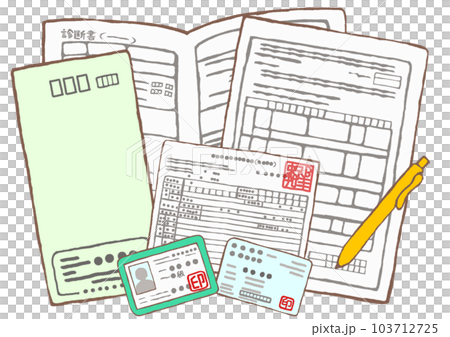 Illustration of an application form for independence support medical care, a mental disability notebook, a medical certificate, a health insurance card, and a recipient certificate 103712725