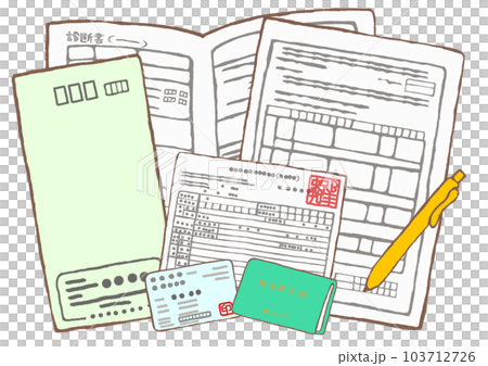 Illustration of an application form for independence support medical care, a mental disability notebook, a medical certificate, a health insurance card, and a recipient certificate 103712726