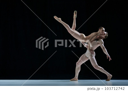 Graceful performance. Talented, artistic young woman and man, ballet dancers dancing against black studio background. Sensuality 103712742