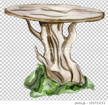 Wooden table with grass for fairy. Watercolor hand drawn illustration . Perfect for greeting card, poster, wedding invitation, party decor. Wooden table with grass for fairy. Watercolor hand drawn illustration . Perfect for greeting card, poster, wedding invitation, party decor. 103713151