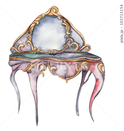 Wooden dresser for fairy. Watercolor hand drawn illustration . Perfect for greeting card, poster, wedding invitation, party decor. Wooden dresser for fairy. Watercolor hand drawn illustration . Perfect for greeting card, poster, wedding invitation, party decor. 103713154