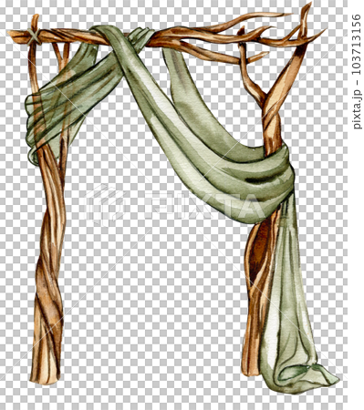 Woven branch arch with green fabric on it for fairy. Watercolor hand drawn illustration . Perfect for greeting card, poster, wedding invitation, party decor. Woven branch arch with green fabric on it for fairy. Watercolor hand drawn illustration . Perfect for greeting card, poster, wedding invitation, party decor. 103713156