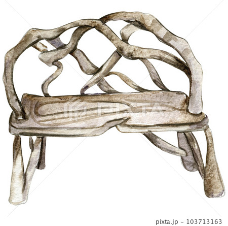 Wooden bench a for fairy. Watercolor hand drawn illustration . Perfect for greeting card, poster, wedding invitation, party decor. Wooden bench a for fairy. Watercolor hand drawn illustration . Perfect for greeting card, poster, wedding invitation, party decor. 103713163