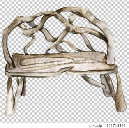 Wooden bench a for fairy. Watercolor hand drawn illustration . Perfect for greeting card, poster, wedding invitation, party decor. Wooden bench a for fairy. Watercolor hand drawn illustration . Perfect for greeting card, poster, wedding invitation, party decor. 103713163