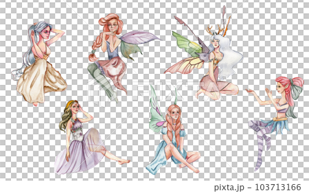 Forest fairy girl with magic wings set. Watercolor hand drawn fairy tale illustration. Perfect for greeting card, poster, wedding invitation, party decor 103713166