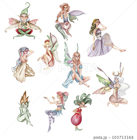 Forest fairy girl and elf with magic wings set. Watercolor hand drawn fairy tale illustration. Perfect for greeting card, poster, wedding invitation, party decor Forest fairy girl and elf with magic wings set. Watercolor hand drawn fairy tale illustration. Perfect for greeting card, poster, wedding invitation, party decor 103713168