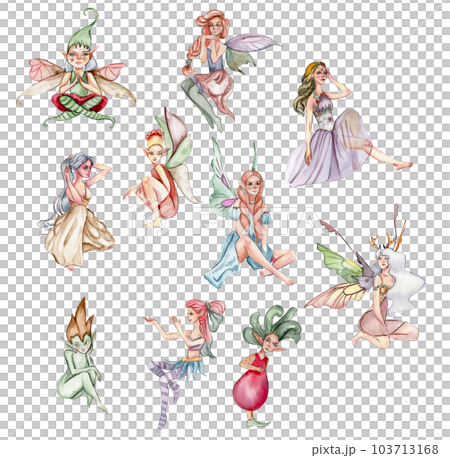 Forest fairy girl and elf with magic wings set. Watercolor hand drawn fairy tale illustration. Perfect for greeting card, poster, wedding invitation, party decor Forest fairy girl and elf with magic wings set. Watercolor hand drawn fairy tale illustration. Perfect for greeting card, poster, wedding invitation, party decor 103713168
