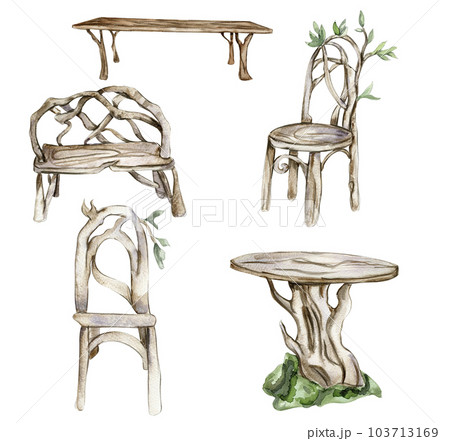 Wooden table, bench and chair for fairy. Watercolor hand drawn illustration . Perfect for greeting card, poster, wedding invitation, party decor. Wooden table, bench and chair for fairy. Watercolor hand drawn illustration . Perfect for greeting card, poster, wedding invitation, party decor. 103713169