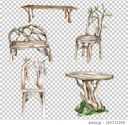 Wooden table, bench and chair for fairy. Watercolor hand drawn illustration . Perfect for greeting card, poster, wedding invitation, party decor. Wooden table, bench and chair for fairy. Watercolor hand drawn illustration . Perfect for greeting card, poster, wedding invitation, party decor. 103713169