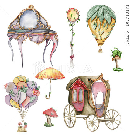 Magic coach,dresser, umbrella, baloon an uotside lamp for fairy. Watercolor hand drawn illustration . Perfect for greeting card, poster, wedding invitation, party decor. Magic coach,dresser, umbrella, baloon an uotside lamp for fairy. Watercolor hand drawn illustration . Perfect for greeting card, poster, wedding invitation, party decor. 103713171