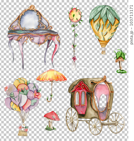 Magic coach,dresser, umbrella, baloon an uotside lamp for fairy. Watercolor hand drawn illustration . Perfect for greeting card, poster, wedding invitation, party decor. Magic coach,dresser, umbrella, baloon an uotside lamp for fairy. Watercolor hand drawn illustration . Perfect for greeting card, poster, wedding invitation, party decor. 103713171
