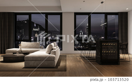 Modern grey minimalist interior livingroom with large modular sofa, panoramic windows, night city view and marble kitchen island. 3d rendering. High quality 3d illustration 103713520