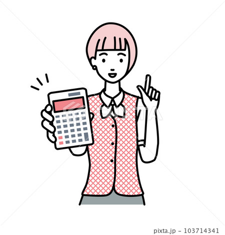 立って電卓を持ってこちらに向けて見せている事務員制服の女性 103714341
