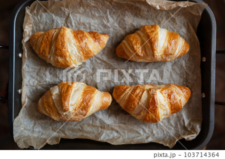 The croissants on the tray are fresh from the oven, crispy and fresh. Morning pastries, dessert for coffee. 103714364