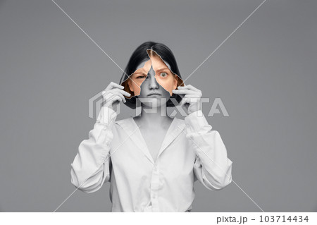 Feeling broken. Young girl with black an white photo parts expressing sad and angry emotions. Creative collage. 103714434
