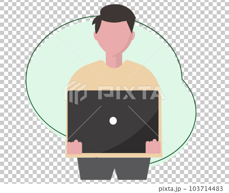 ノートパソコンを持つwebデザイナーの男性。プレゼン、エンジニア、発表。ベクターイラスト ノートパソコンを持つwebデザイナーの男性。プレゼン、エンジニア、発表。ベクターイラスト 103714483