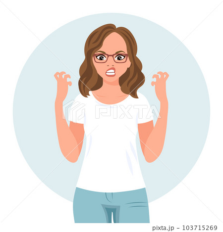 Aggressive woman with angry expression gesturing with her hands. Human emotions. Flat style illustration, vector 103715269