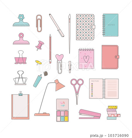 Simple cute set of stationery and office supplies. Vector illustration with school accossorice, notebook, clips. 103716090