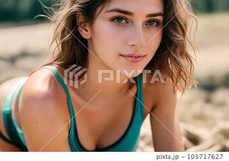 Close-up portrait of pretty cute girl in freckles with messy dark