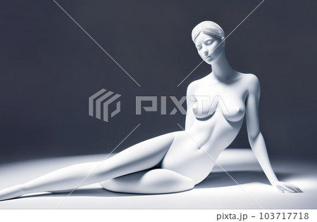 An abstract sculpture, a three-dimensional digital model or a futuristic form of a full-length naked woman sitting on the ground on a dark background. Generative AI. 103717718
