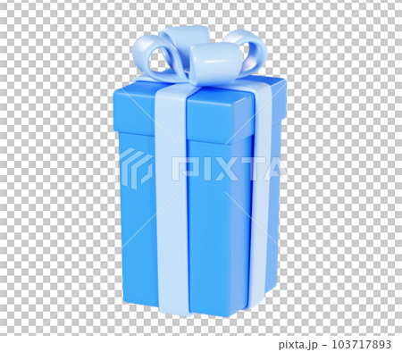 Gift box 3d render illustration - closed blue cube present pack decorated with ribbon and bow. Festive colorful square package with surprise. Decoration for birthday or Christmas design. 103717893