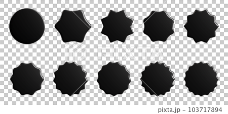 Black starburst sticker 3d render set - collection of round sun burst or star shape badges for promo. Price or offer label with copy space. Empty emblem for sale or discount concept. 103717894
