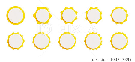 Yellow starburst sticker with white plate 3d render set - collection of round sun burst or star shape badges for promo. Price or offer label with copy space. Empty emblem for sale or discount concept 103717895