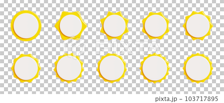 Yellow starburst sticker with white plate 3d render set - collection of round sun burst or star shape badges for promo. Price or offer label with copy space. Empty emblem for sale or discount concept 103717895
