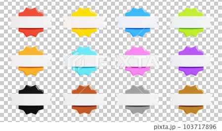 Starburst sticker 3d render set - collection of round sun burst or star shape badges for promo. Price or offer label with copy space. Empty emblem of different colours for sale or discount concept. 103717896