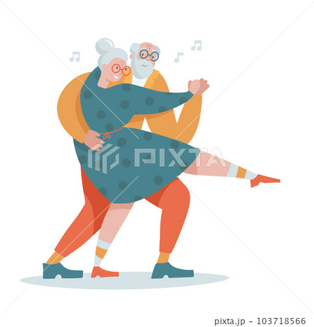 Old senior couple people dancing tango together. Flat Cartoon elder man and woman dancing retro dance. Leisure of grandma and grandpa on pension concept. Vector hand drawn illustration. 103718566