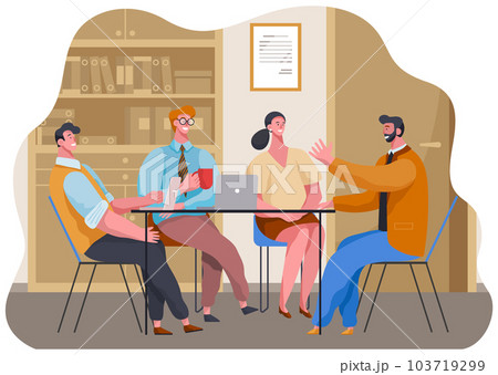 Businesswoman and businessmen drinking coffee, tea break time in office workspace with laptop Businesswoman and businessmen drinking coffee, tea break time in office workspace with laptop 103719299