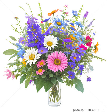 花瓶に入ったワイルドフラワーの花束。 生成型 AI。 透過PNG 103719606