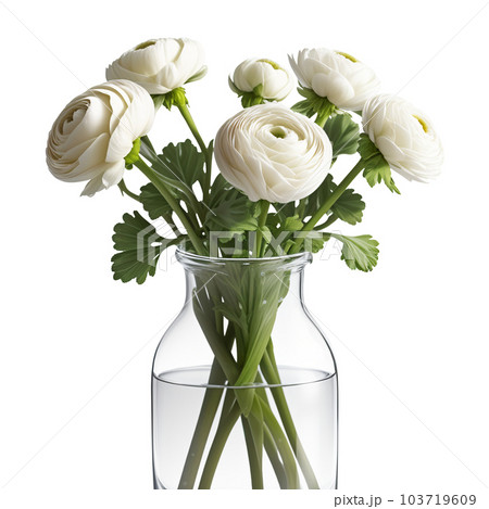 花瓶に入った白いラナンキュラスの花束。 AI生成画像。 透過PNG 103719609