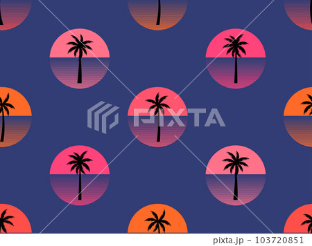 Seamless pattern with palm trees at sunset 80s retro style. Summer time, futuristic sun with palm trees in synthwave style. Design for print, promotional items, cover and poster. Vector illustration Seamless pattern with palm trees at sunset 80s retro style. Summer time, futuristic sun with palm trees in synthwave style. Design for print, promotional items, cover and poster. Vector illustration 103720851