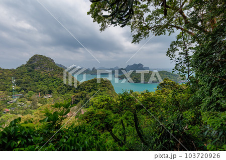 tropical paradise,Bird eye view of Angthong national marine park, koh Samui, Suratthani, Thailand. tropical paradise,Bird eye view of Angthong national marine park, koh Samui, Suratthani, Thailand. 103720926