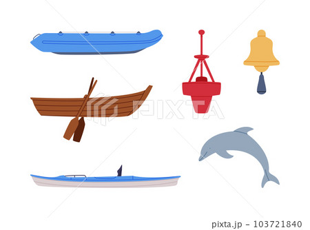 Motorboat and Rowboat with Oar as Watercraft or Swimming Water Vessel and Dolphin Vector Illustration Set 103721840