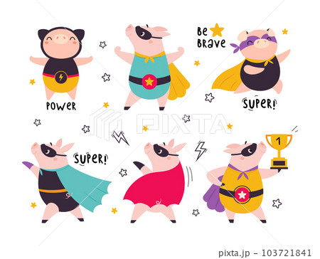 Pink Pig Superhero Character in Eye Mask and Cloak Having Super Power Vector Illustration Set 103721841