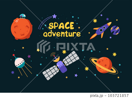 Space Adventure with Sputnik or Satellite Exploring Galaxy, Moon and Rocket Vector Set 103721857