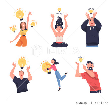 Man and Woman with Glowing Light Bulb Having Idea Vector Illustration Set 103721872