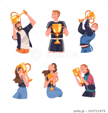 Man and Woman Winner Holding Golden Cup as Trophy and Award Vector Illustration Set 103721879